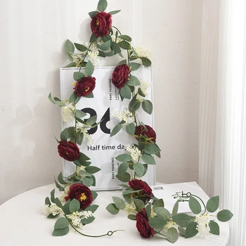 Имитация розовых роз, виноградных лоз, шелковых искусственных цветов, красной крупной чайной розы, украшения для праздничной вечеринки, искусственный цветок, свадебный декор из ротанга