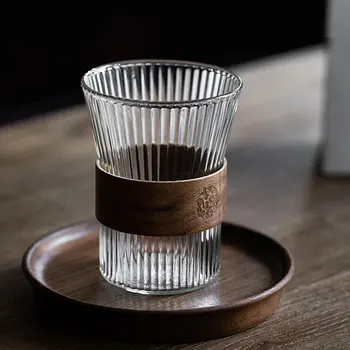 Стеклянная кофейная кружка в японском стиле с деревянной ручкой, Стеклянная чашка для эспрессо, Стаканы, Кофейная посуда, Кружки для домашнего чая, Пивная кружка