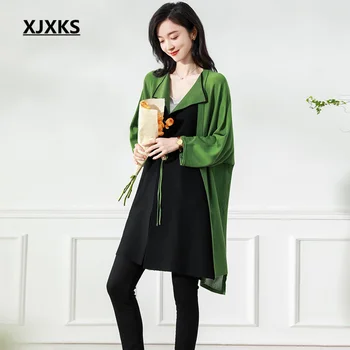 XJXKS, Весна и осень 2023, Новый модный женский свитер с большим отворотом, пальто, Свободный шерстяной вязаный кардиган оверсайз, куртка