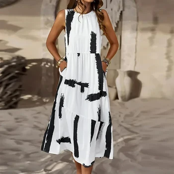 Женское платье-майка 2023, летняя свободная длинная юбка, пуловер, Элегантное платье миди, женская одежда для пляжного отдыха, Vestido Robe