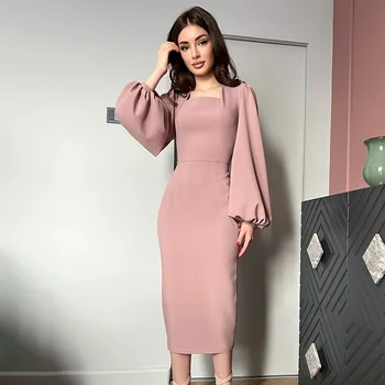 2023, Весенне-летнее женское платье, темпераментное платье для пригородных поездок, простое платье средней длины с длинными рукавами, Розовое