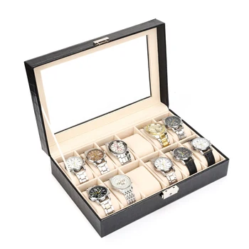 Коробка для часов Lnofxas, 6/12-слотный корпус для часов с большой стеклянной крышкой, съемные подушечки для часов, органайзер для коробки для часов с рисунком крокодиловой кожи