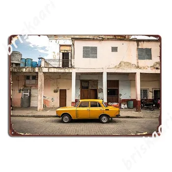 Ярко-желтый Винтажный автомобиль в Гаване, Куба, Металлические вывески, Настенная пещера, Вечеринка, Декор стен, металлические плакаты