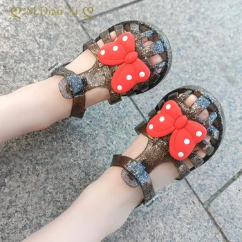 Европейская Американская мода Летние Детские сандалии с защитой от ударов из хрустального желе Для девочек с волнистым бантом Принцессы Детская Пляжная обувь