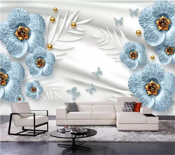 wellyu Пользовательские обои papel de parede Современная мода синие ювелирные изделия цветок жемчужина бабочка красивый фон стены behang