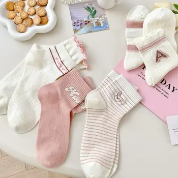 2023 Весенне-летние розовые носки, сетчатые дышащие носки в стиле колледжа, вышитые студенческие носки с милым кроликом.