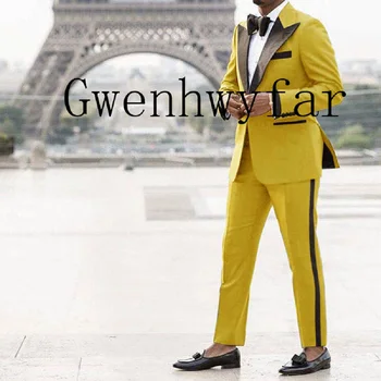 Новейшие разработки 2020 года, мужские костюмы на одной пуговице с остроконечным лацканом, обычные мужские желтые смокинги, крутой мужской блейзер, красивый тонкий (куртка + брюки)