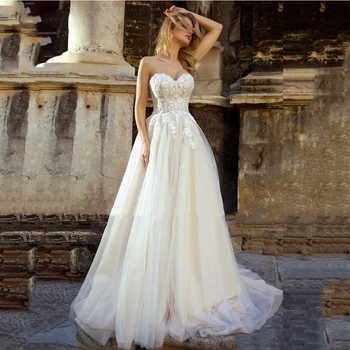 Красивое Элегантное свадебное платье с вырезом лодочкой в стиле Бохо без бретелек, кружевная аппликация, тюль, Пляжное свадебное платье для невесты, сексуальное платье с открытой спиной