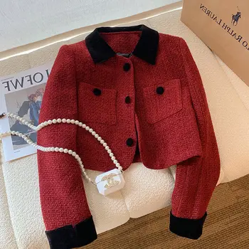 Женская короткая куртка, весенний стиль, красный лацкан, новый французский короткий топ, женская куртка harajuku