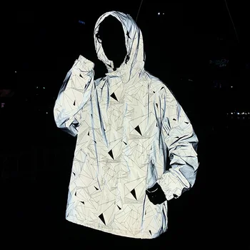 INS Модные уличные куртки для мужчин, светоотражающее пальто, повседневная мужская куртка в стиле хип-хоп с капюшоном и геометрическим принтом, одежда для вечеринок