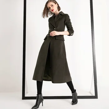 Длинное шерстяное пальто выше колена, женское Осенне-зимнее пальто 2023 года, Новая атмосфера моды, шерстяное пальто с зеленым темпераментом в стиле милитари