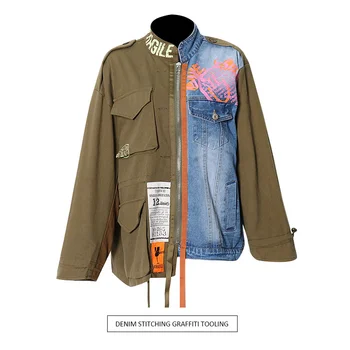 Женская джинсовая куртка в стиле пэчворк от MOLLY Streetwear с воротником-стойкой и длинным рукавом, повседневные куртки с цветными блоками, Новая женская одежда