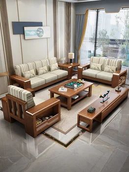 Диван из цельного дерева Полностью из цельного дерева новый китайский стиль домашней гостиной тканевый диван комбинированный небольшой семейный экономичный угловой диван