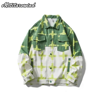 Куртки для пары, контрастный принт, Зеленый, свободный хип-хоп, отложной воротник, мужские и женские молодежные пальто в стиле Опрятный стиль