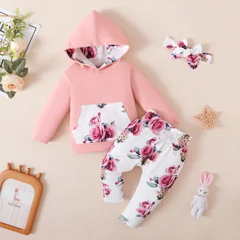 Baywell/ Весенний комплект одежды для новорожденных девочек, топы с капюшоном и цветочным принтом, брюки с цветочным принтом, повседневная детская одежда, костюм для волос