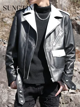 Sungtin / Новая мотоциклетная куртка из искусственной кожи для мужчин, повседневные куртки из искусственной кожи в стиле пэчворк, черные, белые свободные уличные пальто