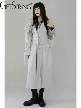 yuerwang Женский тренч в стиле ретро с однобортным поясом, Женская ветровка, Модное свободное длинное женское пальто для отдыха 2023