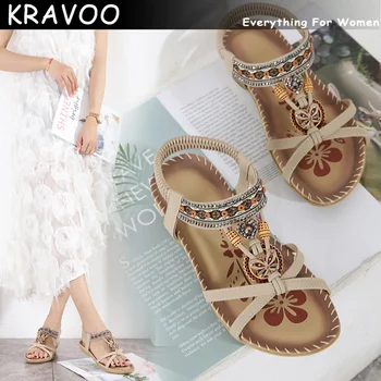 Женские туфли на плоской подошве с цветочными стразами KRAVOO, женские босоножки в богемном стиле, женские сандалии, женская обувь, женская обувь