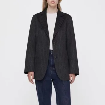 Женское пальто 2022, осенне-зимний шерстяной блейзер в длинную полоску
