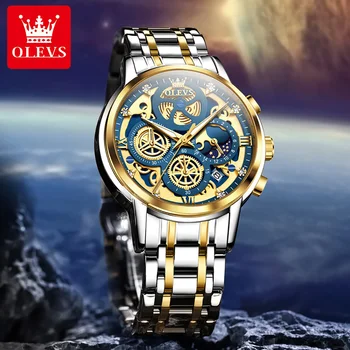 OLEVS Мужские часы Модные золотые оригинальные кварцевые часы для мужчин Водонепроницаемые светящиеся наручные часы из нержавеющей стали Дата Неделя Римские