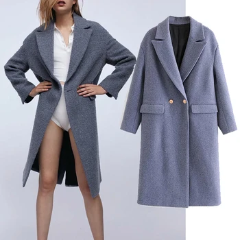 za 2020, новая женская осенне-зимняя ветровка, пальто с карманом, Открытая строчка, отложной воротник, Длинное пальто, Женская уличная одежда, верхняя одежда