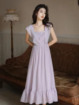 Новое французское Винтажное Романтическое фиолетовое платье, Летнее платье Миди трапециевидной формы с вышивкой и оборками, модное вечернее платье принцессы Феи