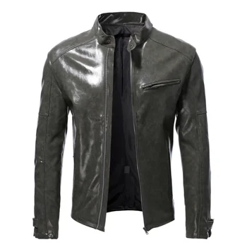 Осенняя мужская кожаная куртка, модный тонкий воротник-стойка, молния, панк-мотоциклетные пальто из искусственной кожи, Весенняя мужская уличная одежда, кожаные куртки