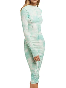 Женское Модное Сексуальное облегающее платье Миди для девочек с длинным рукавом и круглым вырезом в стиле пэчворк с принтом в виде галстука-красителя