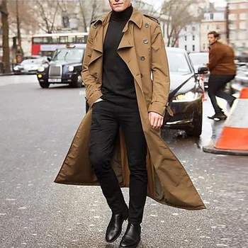 Винтажный длинный тренч 2023 года, мужское деловое повседневное черное однотонное пальто на пуговицах, осенняя верхняя одежда для мужчин с хай-стрит.