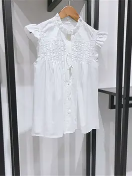 Новая женская кружевная блузка с летящими рукавами 2023, универсальная женская однобортная рубашка, элегантная