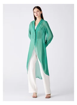 Однобортный прямой пиджак с V-образным вырезом и длинным рукавом из чистого шелкового жоржета зеленого цвета, свободный и универсальный шелковый тренч FE379