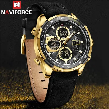 NAVIFORCE, лидирующий бренд, Роскошные Золотые Черные мужские часы, кварцевые Цифровые Мужские часы, Военные Спортивные Мужские наручные часы из натуральной кожи 9197