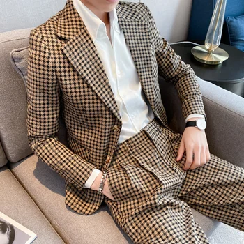 Весенний новый мужской костюм 2023 года в клетку, корейская версия, Британская приталенная мода, повседневный красивый одиночный пиджак для мужских костюмов