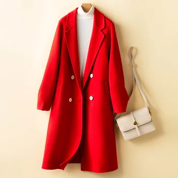 2023 Осень Зима, Свободная Длинная Двусторонняя шерстяная куртка, женское офисное женское пальто, однотонное двубортное шерстяное пальто, женское