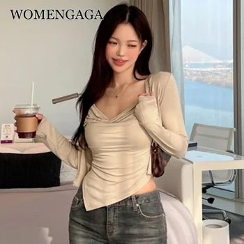WOMENGAGA Korea, Тонкая сексуальная майка на бретелях, футболка с длинным рукавом, топ из двух частей, футболки для женщин, футболка, модные женские туфли 8JD8