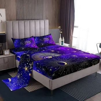 Космический Комплект Простыней Twin Size Galaxy Moon Stars Planet Beddrom Decor Комплект Простыней для Детей Мальчиков И Девочек 4шт Комплект Постельных Принадлежностей, Фиолетовый