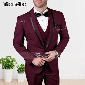 Торндайк 2023 Новый изготовленный на заказ бордовый мужской костюм с воротником поло в черной оправе, однобортный приталенный свадебный смокинг для жениха