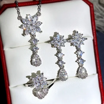 Модный Комплект ювелирных изделий из серебра 925 пробы с кубическим Цирконием, Изысканный Геометрический Кристалл, Женское Свадебное Обручальное кольцо, Серьги, ожерелье