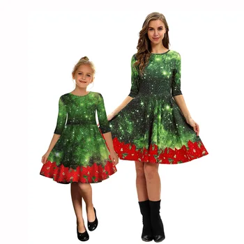 Одежда для мамы и меня, Женская одежда для девочек, Платье с зеленой Рождественской цифровой печатью, подходящий наряд, Платье для мамы и дочки