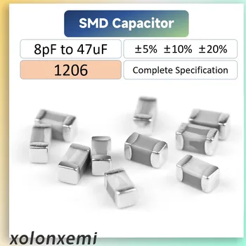 100шт 1206 SMD Чип-конденсатор от 8 до 47 мкФ Допускает настройку ± 5% ± 10% ± 20% Керамический 1 мкФ 2,2 мкФ 10nF 47nF 68nF 470nF 680pF