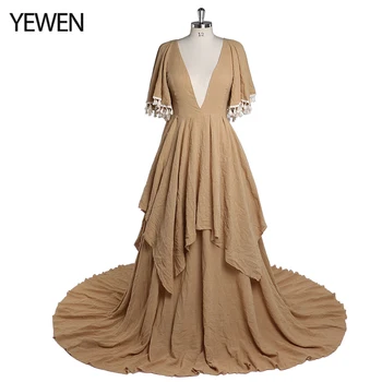 Элегантные вечерние платья из хлопка с V-образным вырезом и длинными расклешенными рукавами с разрезом по бокам, макси-платье для фотосъемки YEWEN Plus Size YW220415