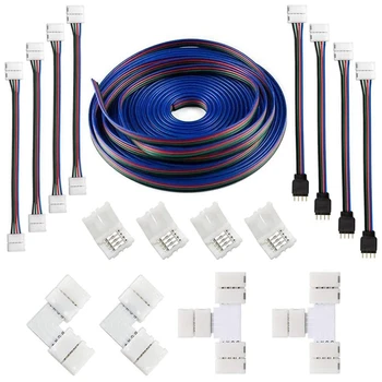 JFBL Hot 2 Комплекта Удлинительного кабеля для светодиодной ленты RGB длиной 16,4 фута (5 м) с 4 Контактами, Комплекты Разъемов Для светодиодных лент 5050 Для Гибкой светодиодной ленты RGB