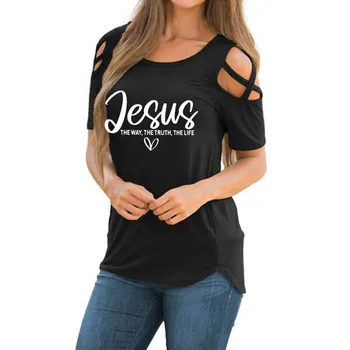Женская рубашка с принтом Jesus The Way The Truth в стиле харадзюку с открытыми плечами, Рождественский подарок, винтажная футболка, женские повседневные топы Femme